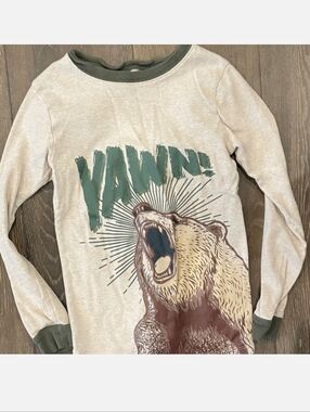 Kids Long Sleeve 'Yawn' Bear Graphic Pajama Top - Cream with Green Trim